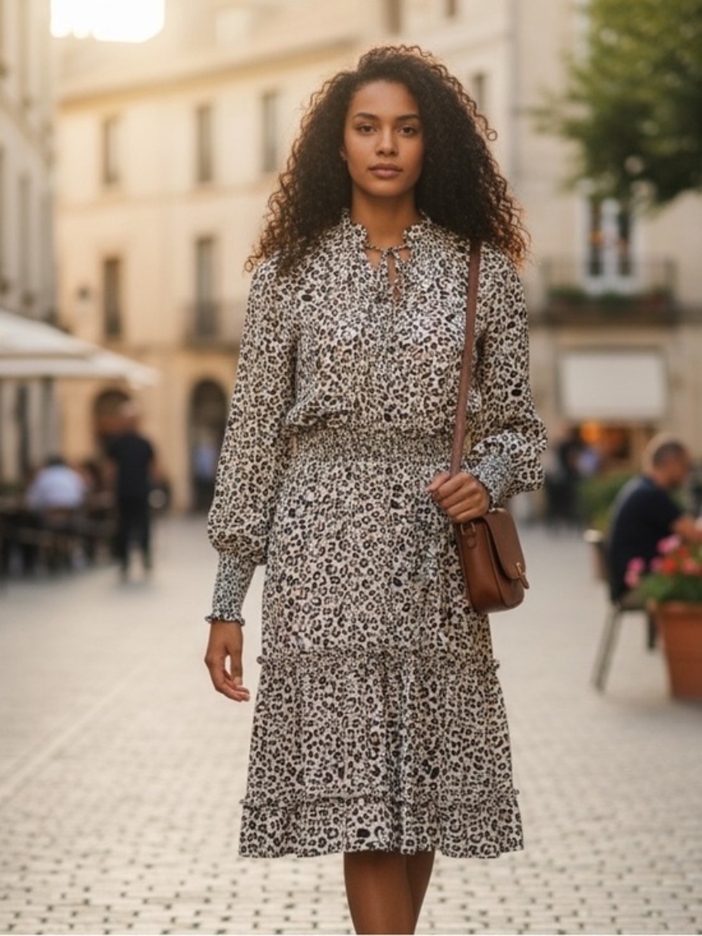 Leopard Print Long Sleeve Tiered Dress - White Brown & Tan Size Large NWOT